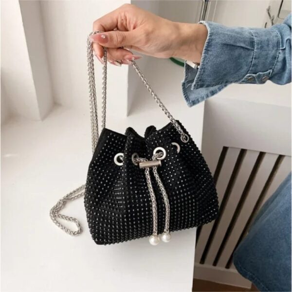 Luxury Rhinestone Drawstring Bucket Bag With Chain Strap