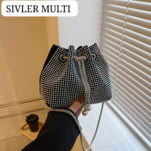 Luxury Rhinestone Drawstring Bucket Bag With Chain Strap