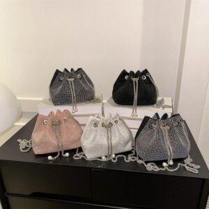 Luxury Rhinestone Drawstring Bucket Bag With Chain Strap