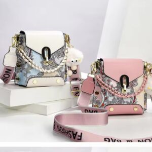 Trendy Floral Crossbody Bag with Chain Detail and Plush Charm