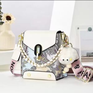 Trendy Floral Crossbody Bag with Chain Detail and Plush Charm