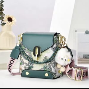 Trendy Floral Crossbody Bag with Chain Detail and Plush Charm