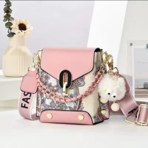 Trendy Floral Crossbody Bag with Chain Detail and Plush Charm