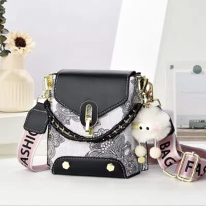 Trendy Floral Crossbody Bag with Chain Detail and Plush Charm