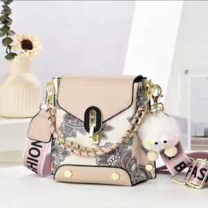 Trendy Floral Crossbody Bag with Chain Detail and Plush Charm