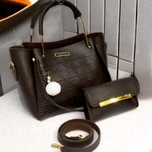 Geometric Embossed 3-Piece Handbag Set with Gold Accents and Pom-Pom Charm