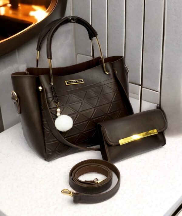 Geometric Embossed 3-Piece Handbag Set with Gold Accents and Pom-Pom Charm