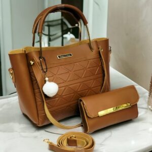 Geometric Embossed 3-Piece Handbag Set with Gold Accents and Pom-Pom Charm