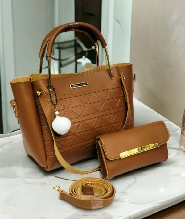 Geometric Embossed 3-Piece Handbag Set with Gold Accents and Pom-Pom Charm