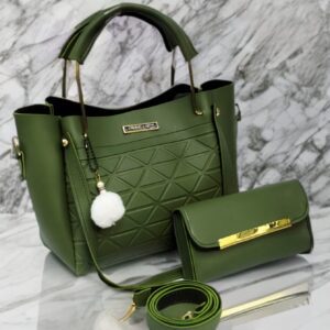 Geometric Embossed 3-Piece Handbag Set with Gold Accents and Pom-Pom Charm