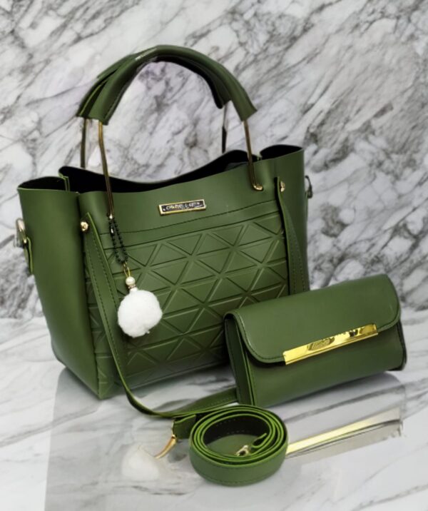 Geometric Embossed 3-Piece Handbag Set with Gold Accents and Pom-Pom Charm