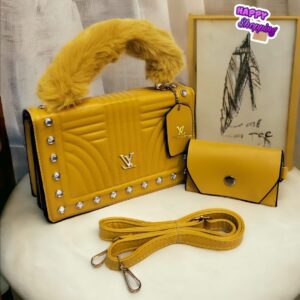 Designer Handbag Set with Faux Fur Handle & Studded Detail