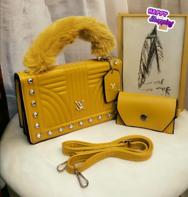 Designer Handbag Set with Faux Fur Handle & Studded Detail