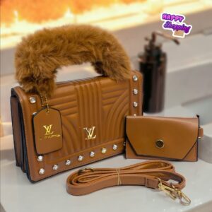 Designer Handbag Set with Faux Fur Handle & Studded Detail