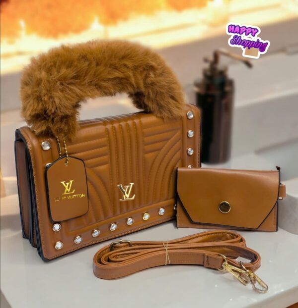 Designer Handbag Set with Faux Fur Handle & Studded Detail