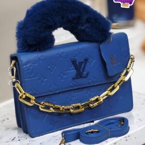 Luxury Embossed Handbag with Faux Fur Handle & Chain Accent