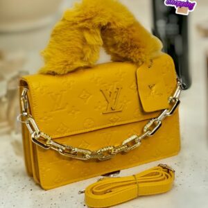 Luxury Embossed Handbag with Faux Fur Handle & Chain Accent