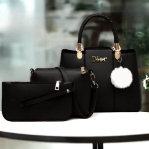 Trendy 3-Piece Dior-Inspired Handbag Set with Fluffy Keychain Charm