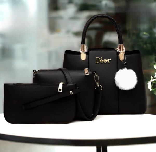 Trendy 3-Piece Dior-Inspired Handbag Set with Fluffy Keychain Charm