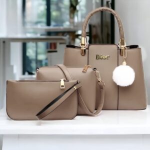 Trendy 3-Piece Dior-Inspired Handbag Set with Fluffy Keychain Charm
