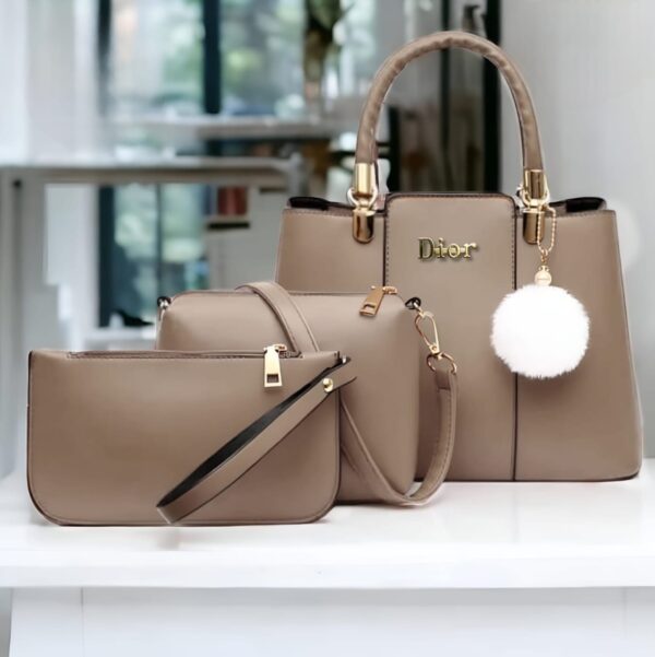 Trendy 3-Piece Dior-Inspired Handbag Set with Fluffy Keychain Charm