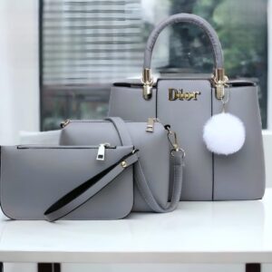 Trendy 3-Piece Dior-Inspired Handbag Set with Fluffy Keychain Charm