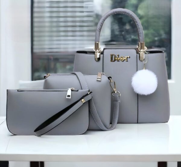 Trendy 3-Piece Dior-Inspired Handbag Set with Fluffy Keychain Charm