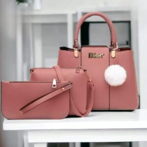 Trendy 3-Piece Dior-Inspired Handbag Set with Fluffy Keychain Charm