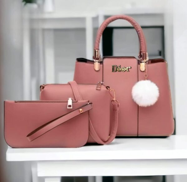 Trendy 3-Piece Dior-Inspired Handbag Set with Fluffy Keychain Charm
