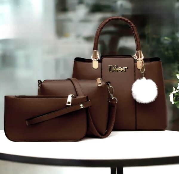 Trendy 3-Piece Dior-Inspired Handbag Set with Fluffy Keychain Charm