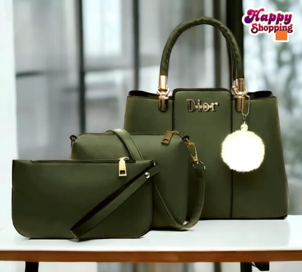 Trendy 3-Piece Dior-Inspired Handbag Set with Fluffy Keychain Charm