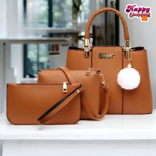Trendy 3-Piece Dior-Inspired Handbag Set with Fluffy Keychain Charm