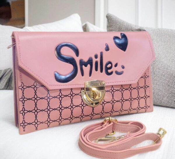 Trendy “Smile” Printed Clutch with Adjustable Strap and Gold Lock Closure