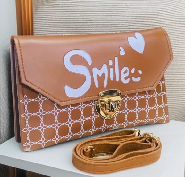 Trendy “Smile” Printed Clutch with Adjustable Strap and Gold Lock Closure