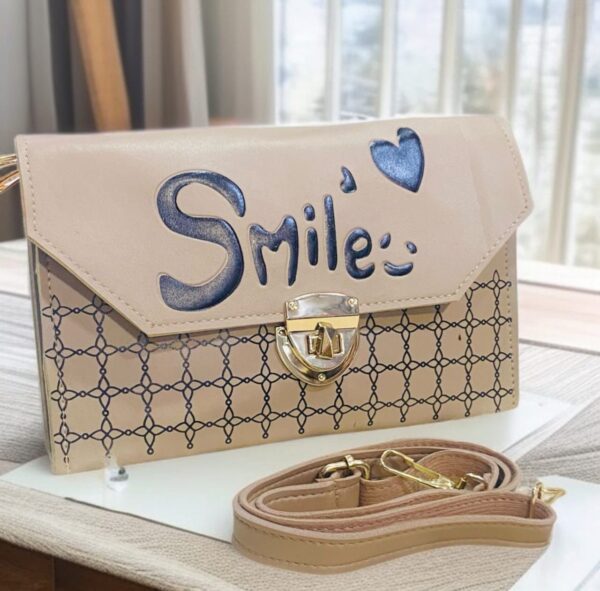 Trendy “Smile” Printed Clutch with Adjustable Strap and Gold Lock Closure