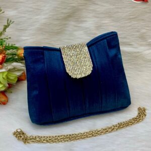 Luxury Pleated Evening Clutch with Rhinestone Flap and Gold Chain Strap