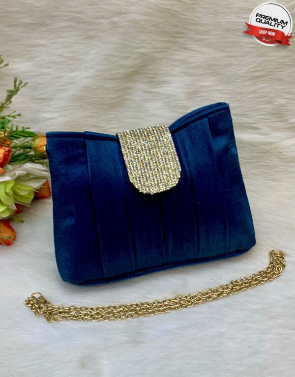 Luxury Pleated Evening Clutch with Rhinestone Flap and Gold Chain Strap