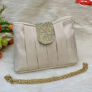 Luxury Pleated Evening Clutch with Rhinestone Flap and Gold Chain Strap