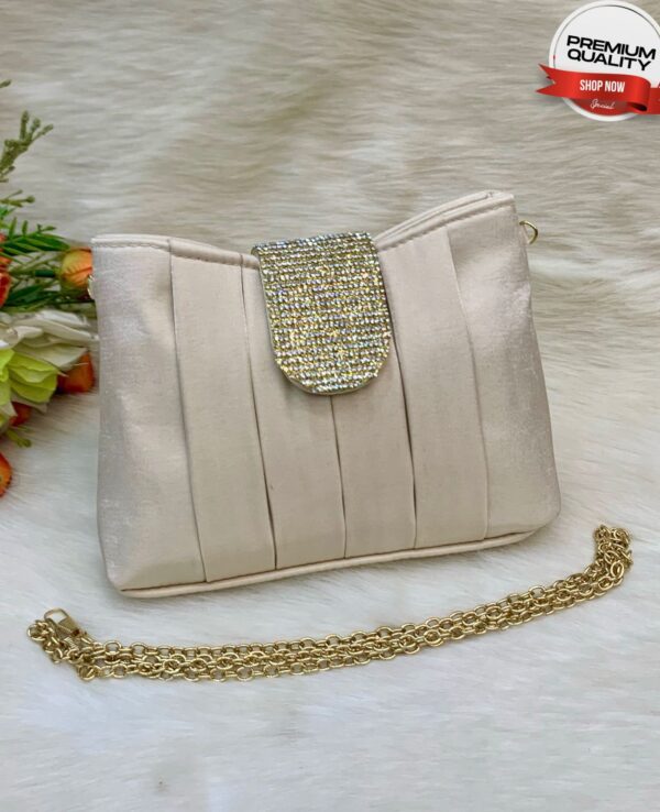 Luxury Pleated Evening Clutch with Rhinestone Flap and Gold Chain Strap