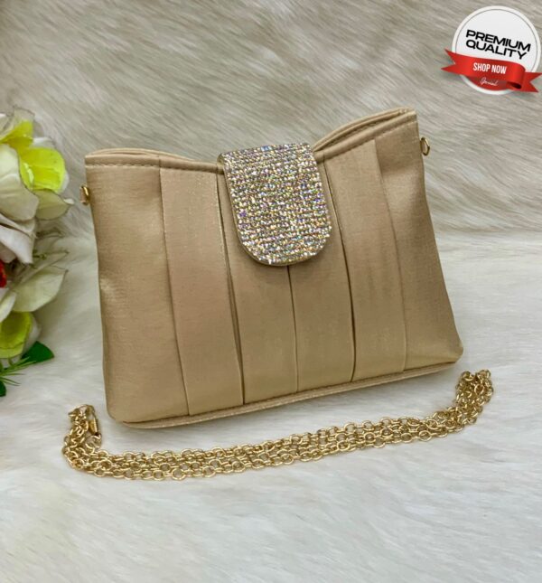 Luxury Pleated Evening Clutch with Rhinestone Flap and Gold Chain Strap