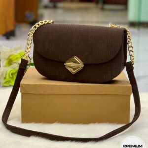 Textured Crossbody Shoulder Bag with Gold Chain and Geometric Clasp
