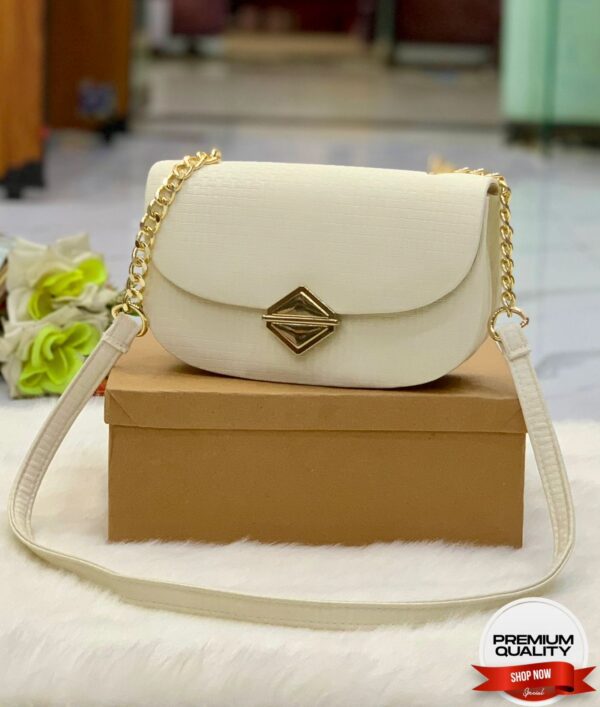 Textured Crossbody Shoulder Bag with Gold Chain and Geometric Clasp