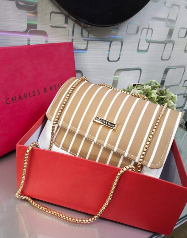Striped Shoulder Bag with Gold Chain Detailing by Charles & Keith