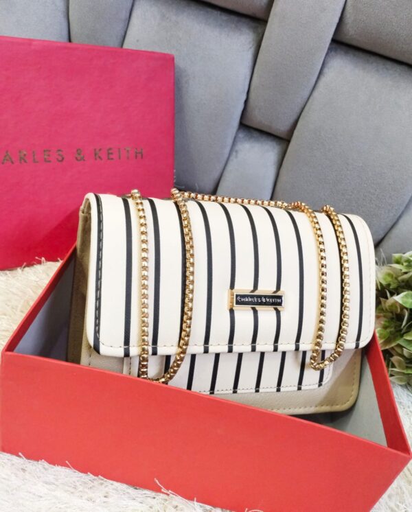 Striped Shoulder Bag with Gold Chain Detailing by Charles & Keith