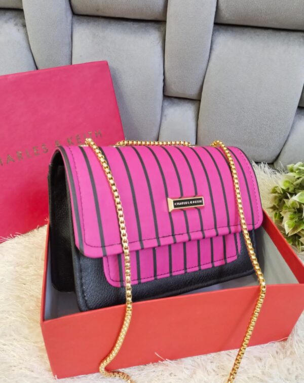 Striped Shoulder Bag with Gold Chain Detailing by Charles & Keith