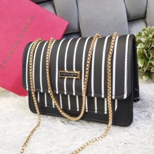 Striped Shoulder Bag with Gold Chain Detailing by Charles & Keith