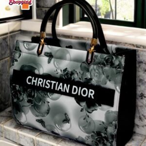 Floral Pattern Christian Dior Tote with Glossy Finish and Gold Handle Accents