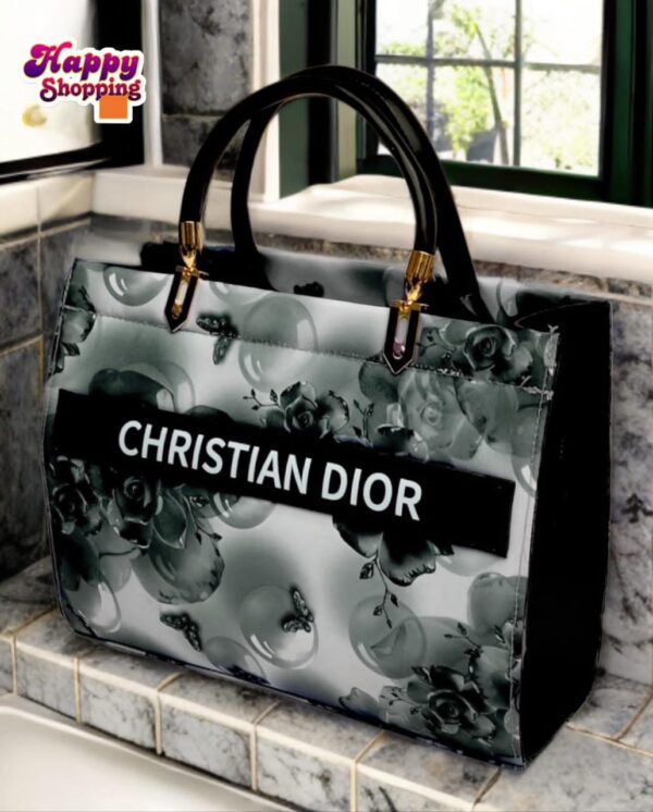 Floral Pattern Christian Dior Tote with Glossy Finish and Gold Handle Accents