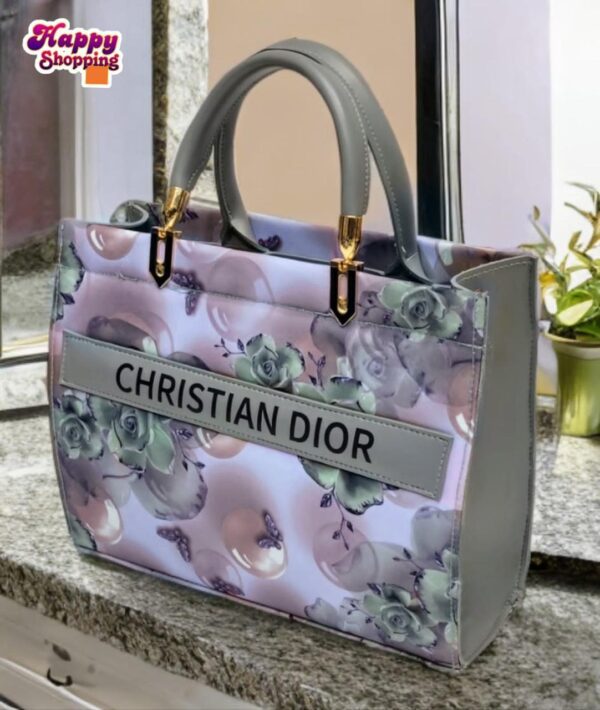 Floral Pattern Christian Dior Tote with Glossy Finish and Gold Handle Accents