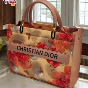 Floral Pattern Christian Dior Tote with Glossy Finish and Gold Handle Accents